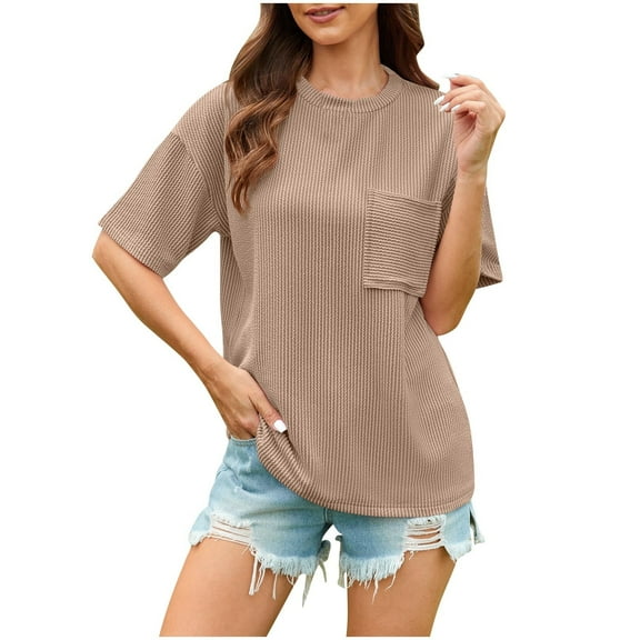 Scyoekwg T Shirts For Women Trendy Round Neck Basic Tops with Pocket Loose Summer Lightweight Solid Color Short Sleeve T Shirts Casual Comfy Blouses (Khaki,XXL)