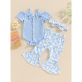 thumbnail image 3 of vera natura Baby Girl 3 Piece Outfits, Short Sleeve Cold Shoulder Ribbed Romper + Flare Pants + Bow Headband Summer Set, 3 of 8