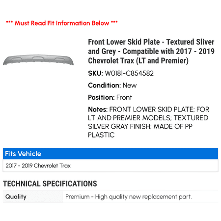 Front Lower Skid Plate - Textured Sliver and Grey - Compatible with 2017 - 2019 Chevy Trax (LT and Premier) 2018 2020