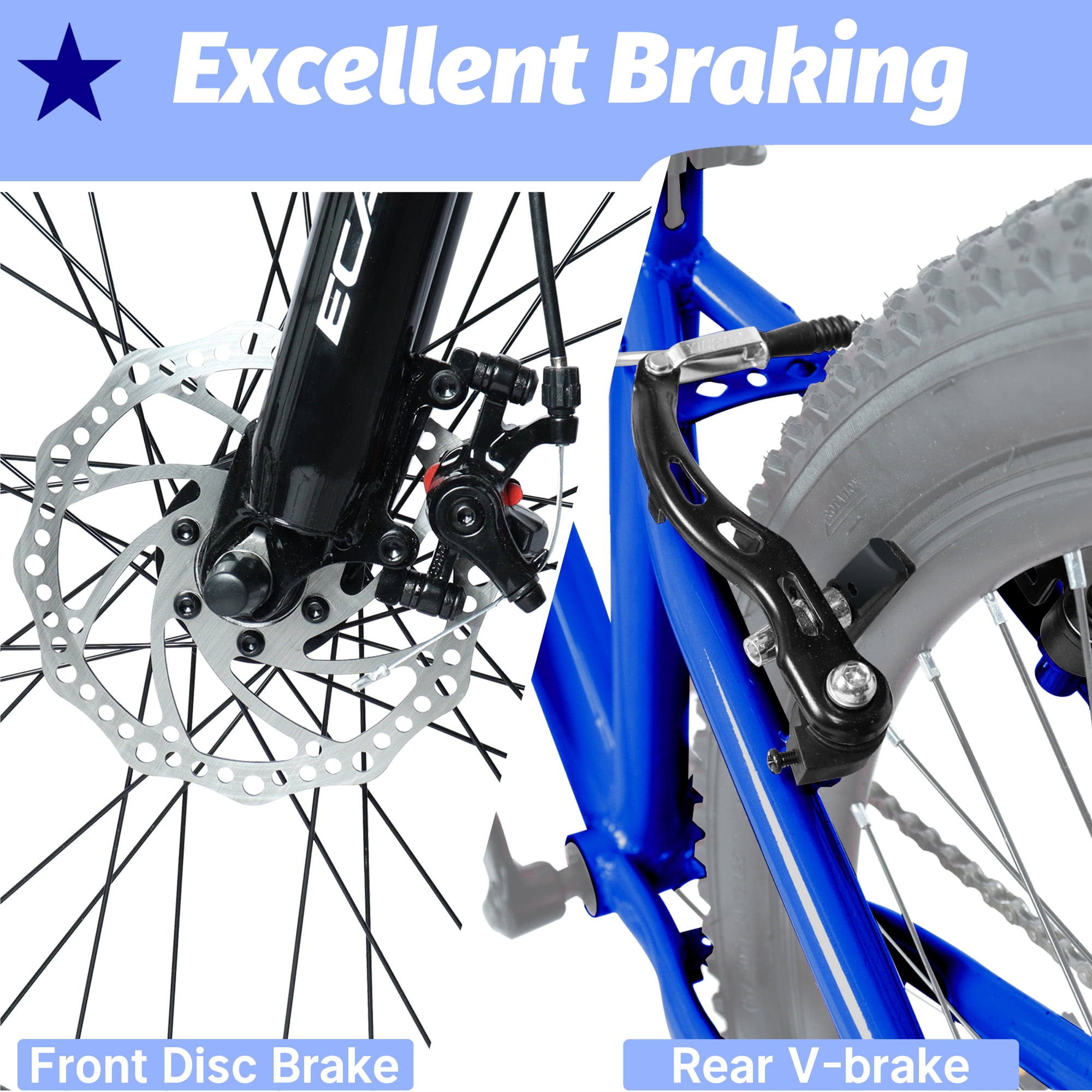 Juuar 24" Adult Mountain Bikes for Men Women Age 13+, 7 Speed Front Suspension MTB Bicycle, Durable Steel Frame Commuter City Bike with Disc Brake & V-Brake, Fits Riders 51"-59", Blue