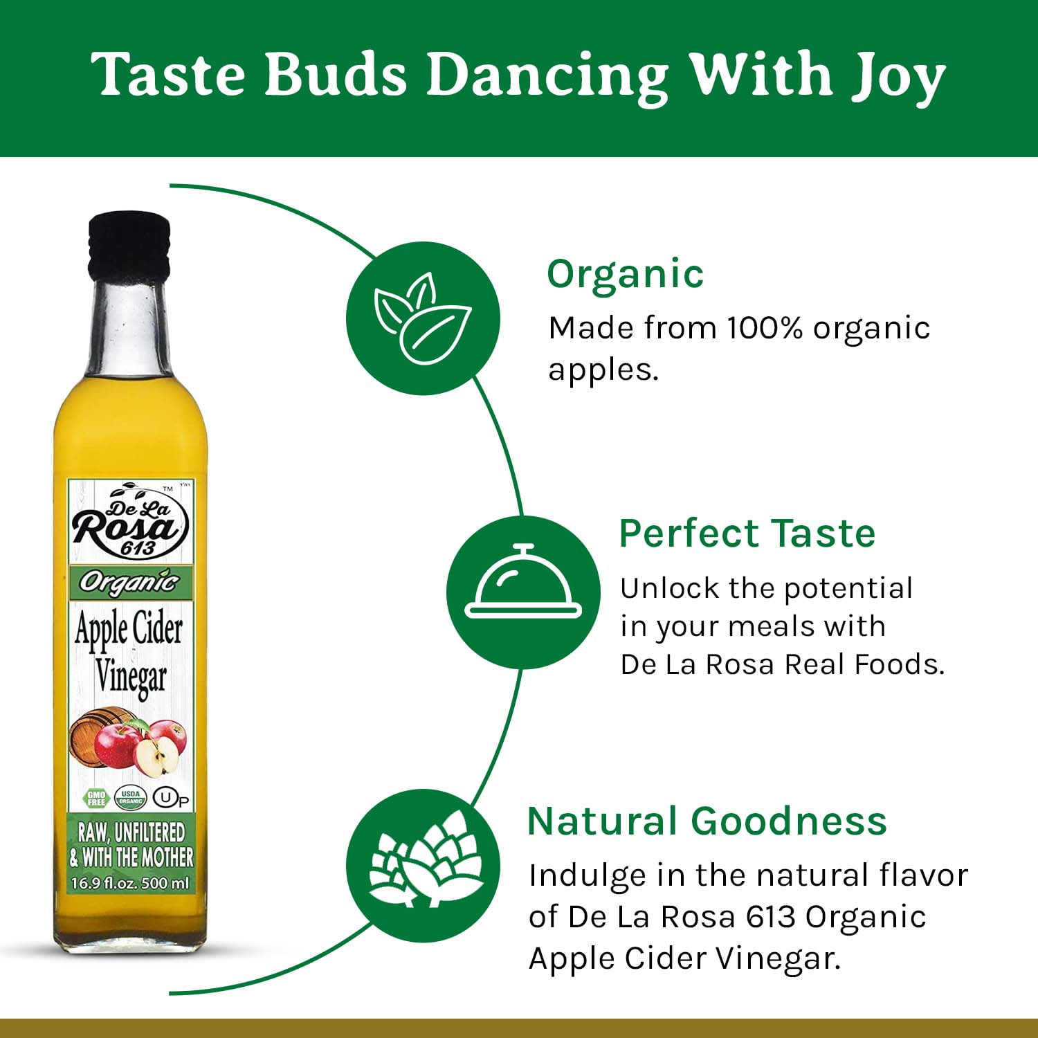 De La Rosa 613 Organic Apple Cider Vinegar, Raw & Unfiltered, Kosher for Passover, 16.9 Oz (Pack of 2)