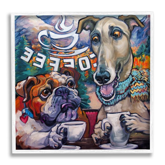 Stupell Industries Dogs at Coffee Shop Animals & Insects Painting White Framed Art Print Wall Art, 12 x 12