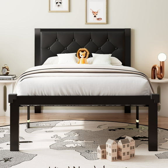 Virans Twin Bed Frame with Faux Leather Soft Pad Tufted Headboard, Heavy-Duty Metal Slatted Supported Platform Bed, 12"Space Storage Under the Bed, Easy to Assemble, Black