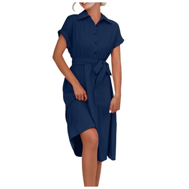 Vestido camisero midi elegante con cuello en V para mujer - Vestido informal de manga corta y largo hasta la rodilla - Atuendo de verano para fiestas de trabajo