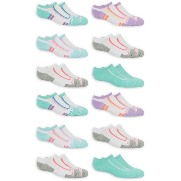 Fruit of the Loom Girls Socks, 12 Pack No Show Active Cushion Sizes S - L