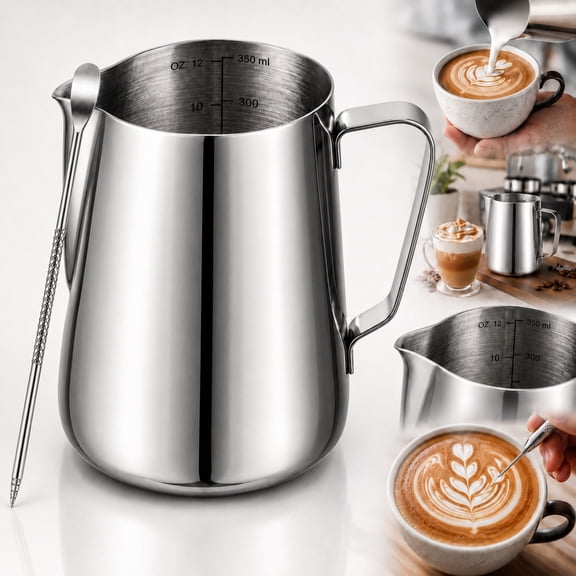 Milk Frothing Pitcher 12oz, Espresso Steaming Pitchers 350ml, Frother cup, Coffee Cappuccino Latte Art,304 Stainless Steel Jug with Decorating Art Pen