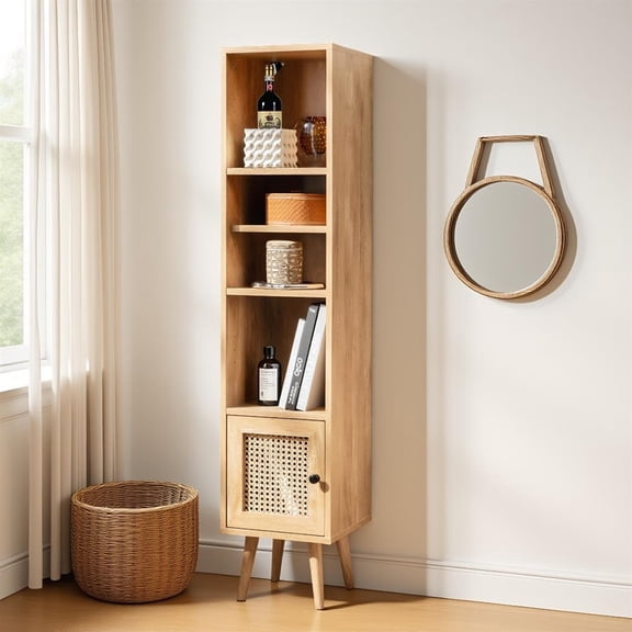 Topcobe 4 Tiers Rattan Storage Cabinet with Slim Design, Open Storage Shelves for Home Office, Natural