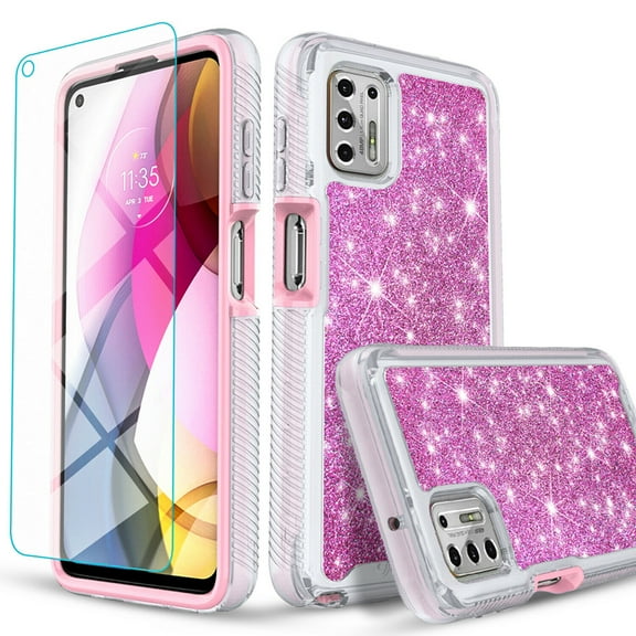 Circlemalls for Moto G Stylus 2021 Case, Tempered Glass Screen Protector, Glitter Cover-Pink