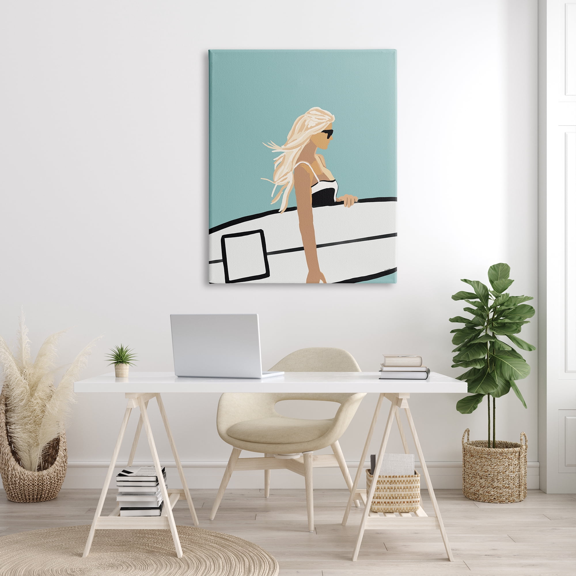 Stupell Industries Woman Carrying Surf Board Windblown Beach Hair Graphic Art Gallery Wrapped Canvas Print Wall Art, Design by Amelia Noyes