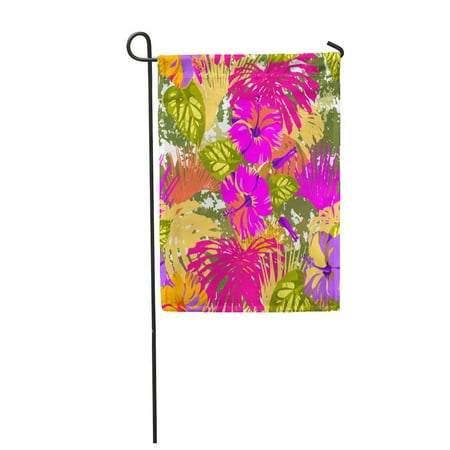 KDAGR Tropical Floral Leaves Blossom Flowers Hibiscus Pattern Exotic Deep Garden Flag Decorative Flag House Banner 12x18