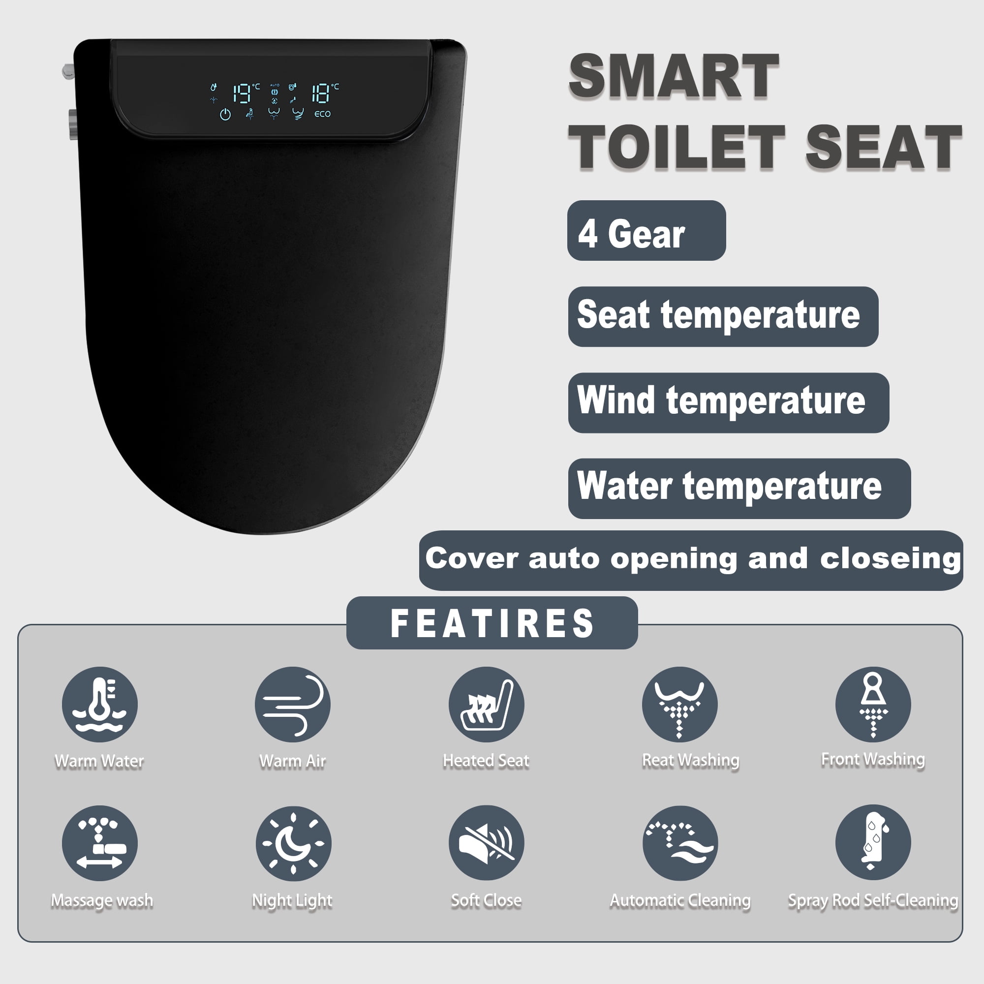 DELICOZE Electric Bidet Heated Smart Toilet Seat With Unlimited Heated Water,Toilet Seat Warmer, And Warm Air Dryer-Adjustable And Self-Cleaning, Automatic Open, BIG LED Screen