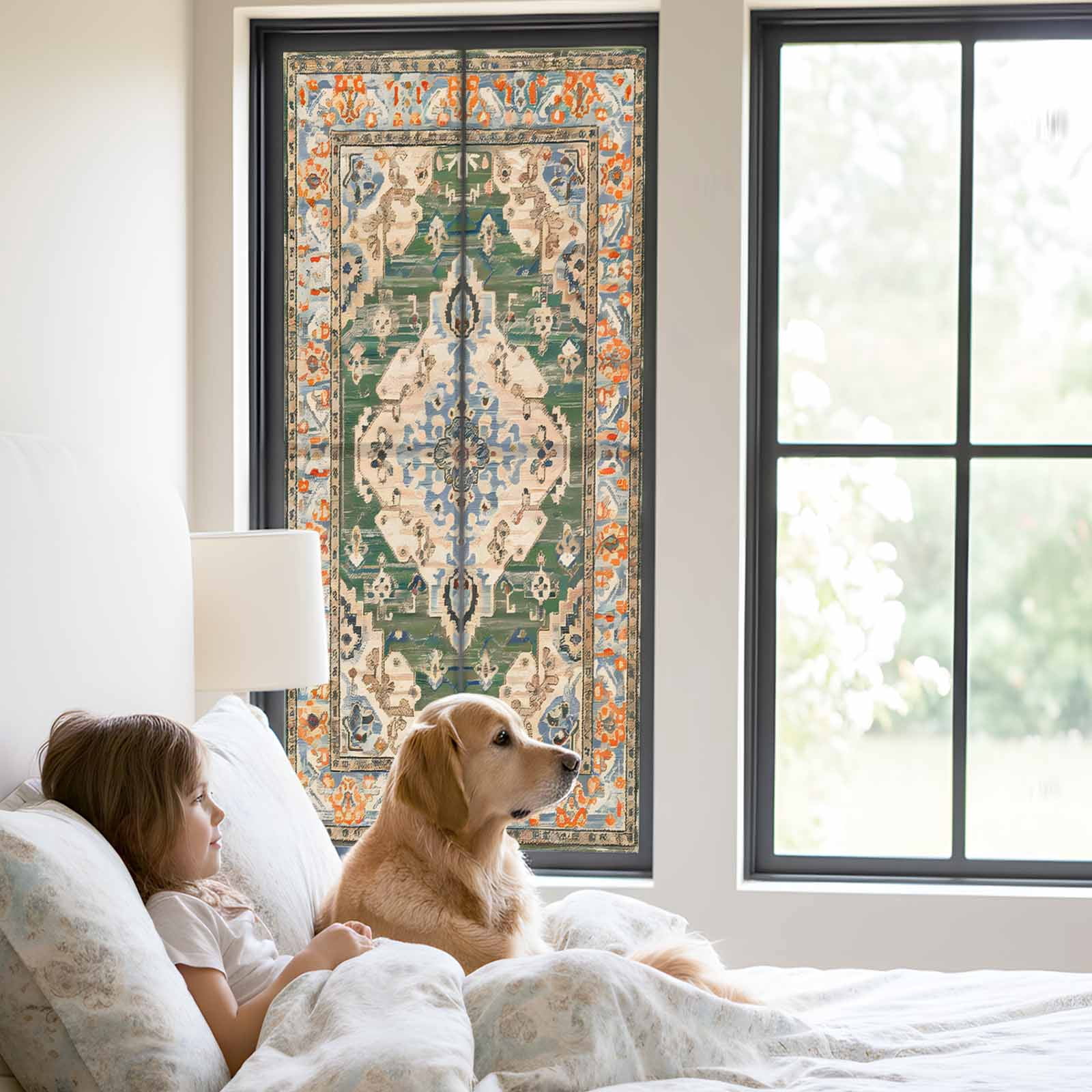 Static Cling Door Window Covering, Boho Window Privacy Film Frosted, Green Brown Ethnic Tribe Abstract Vintage Western UV Blocking Windows Film for Office, Hotel, Bedroom, 29.5 x 78.7 Inches