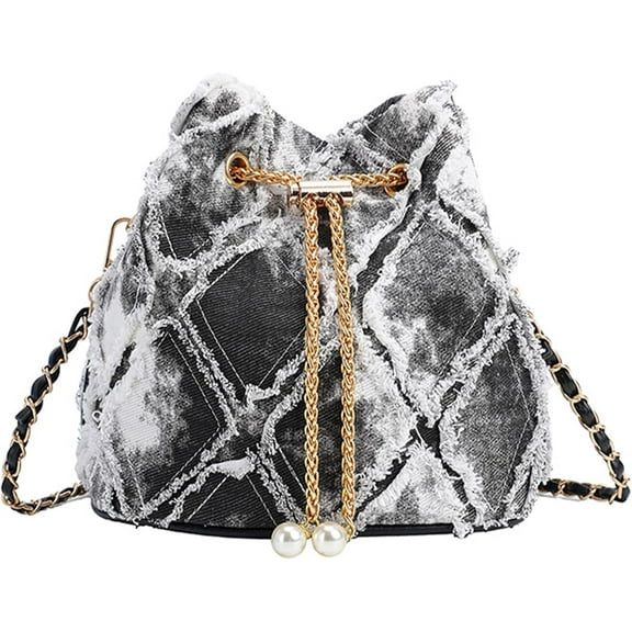 Ladies Denim Bucket Bag Quilted Drawstring Denim Women's Bag Denim Clutch Crossbody Handbag Tote Bag