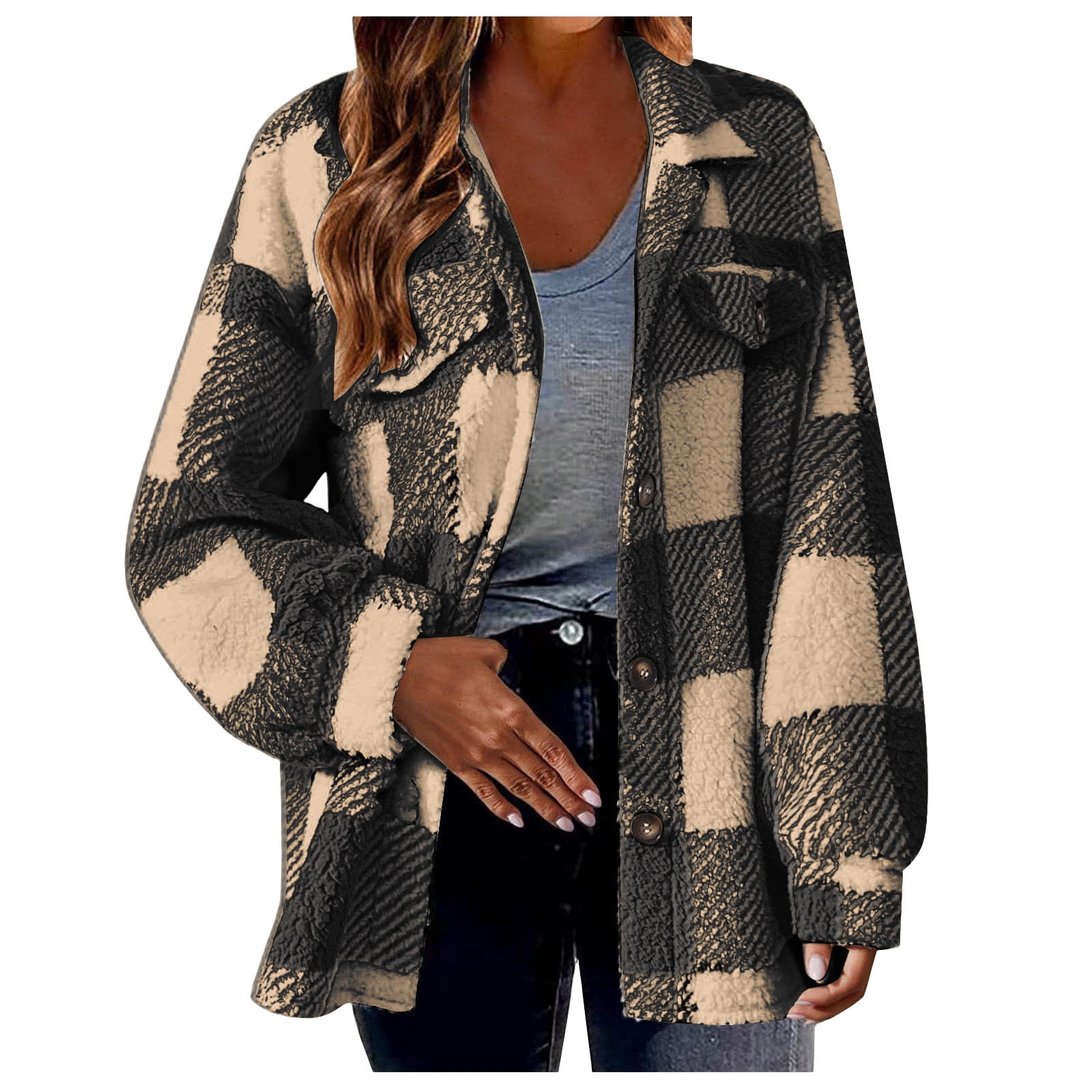 lcziwo Prime By Hour Womens Plus Size Flannel Jacket Button Down Long Sleeve Plaid Coats 2024 Winter Trendy Lapel Collared Thicken Warm Outerwear,Black,XXXXXL