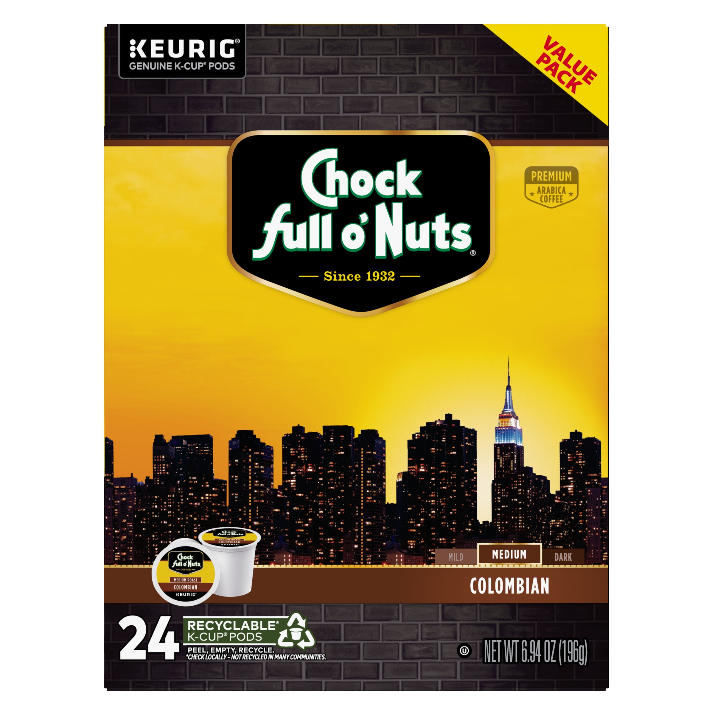 Chock full o’Nuts® Donut Shop Coffee, Single Serve Keurig® K-Cup® Pods, Medium Roast Coffee, 24-Count Box