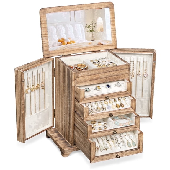 Bellaownia Large Jewelry Box for Women, Wooden 4-Drawer Organizer for Necklaces, Rings, Earrings, Bracelets m, Watches (Brown)