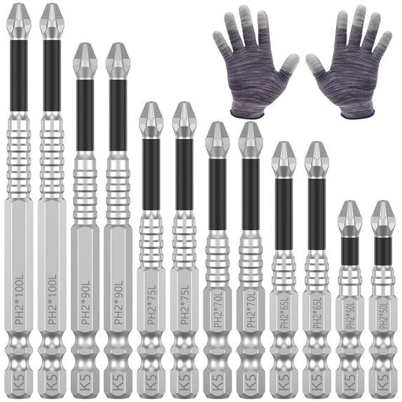 Juego de 12 Pzas de Destornilladores Magnéticos Altos, Taladro Bit, Multi Tamaño, Acero Al Carbono, Antideslizantes, Kit de Destornilladores de Impacto Bit para Tornillos