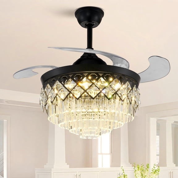 42 Inch Black Wrought Iron Ceiling Fan with Light - Remote Control ABS Transparent Blades & 3-Tier Crystal Chandelier, 3-Color Dimmable LED, 5000 CFM High Airflow