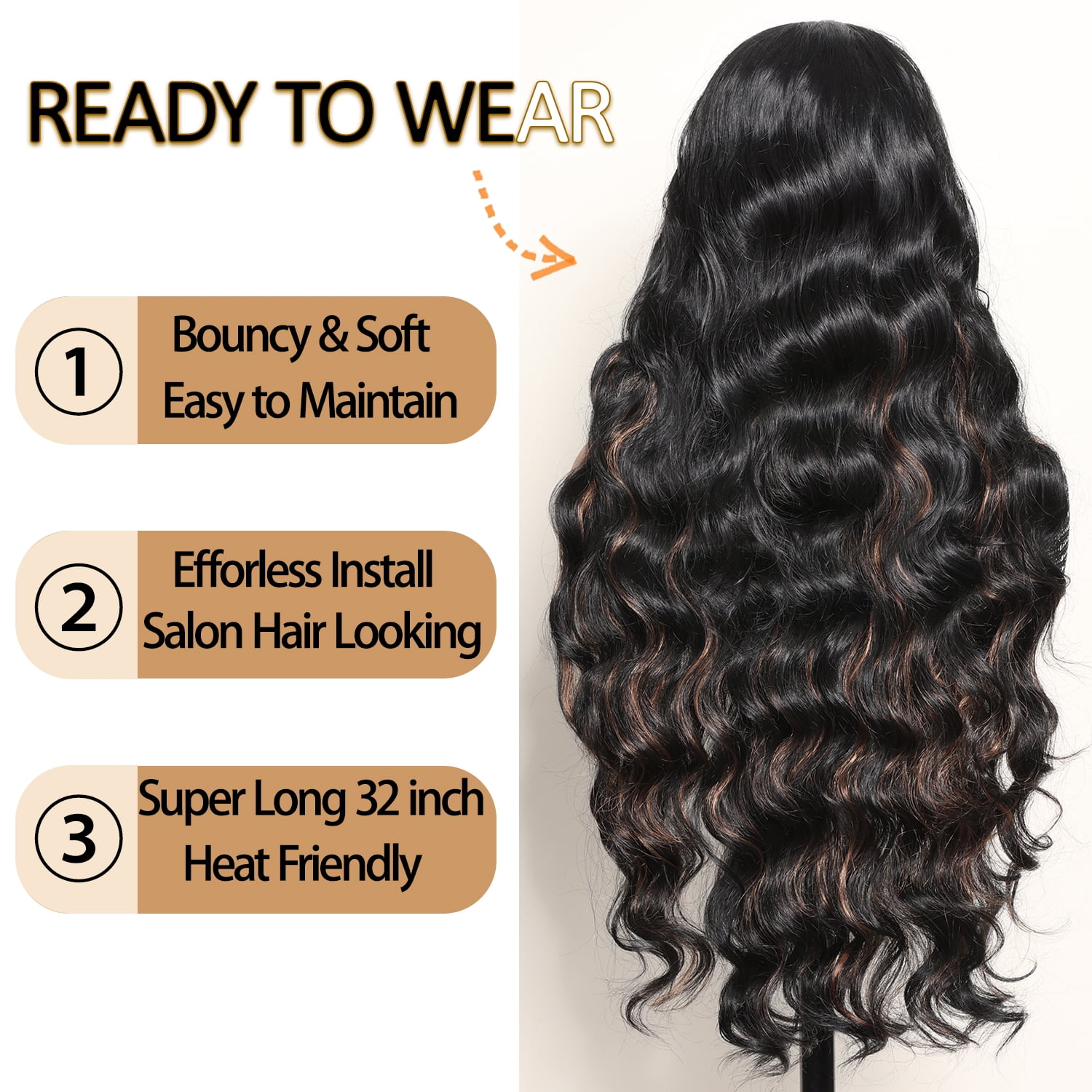 Body Wave Lace Front Wig Synthetic, 13x6 HD Transparent Lace, Pre-Plucked with Baby Hair, 32 Inch Long Wave Black with Brown Highlights Lace Frontal Wigs for Black Women