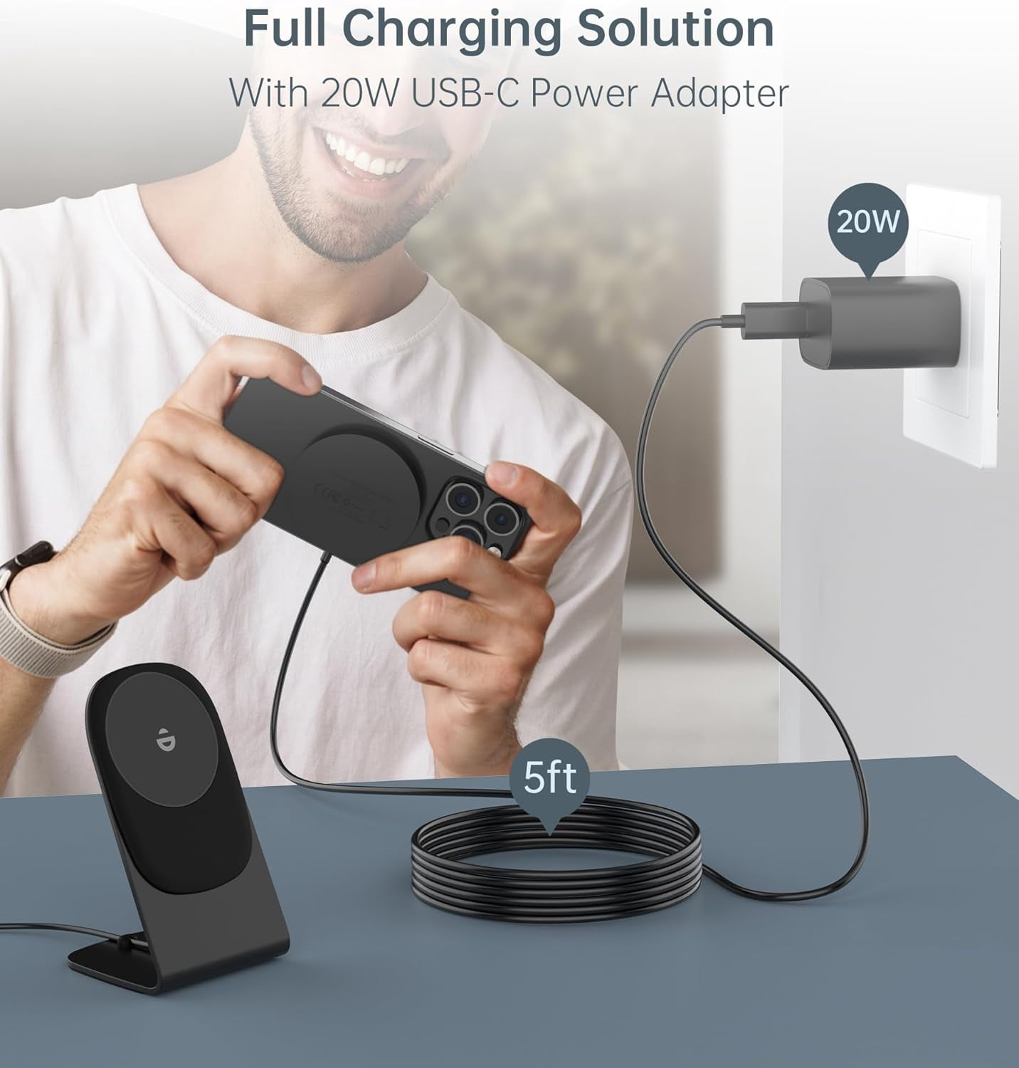 Magnetic Wireless Charger for iPhone 17/16/15/14/13/12 - Magnetic Charger + 20W USB-C Adapter, Fast Wireless Charging Dock/Pad with 5-Foot Cable, Compatible with iPhone 17/16/15/14/13/12 Pro Max Plus