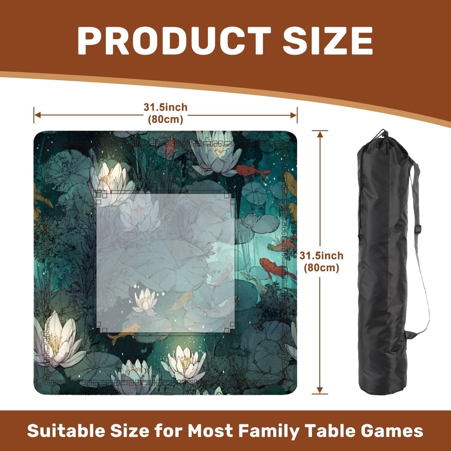 Mahjong Mat 31.5" x 31.5" Tranquil Pond Wall Decor Pastel Watercolor Non-Slip Noise Reduction Mahjong Tiles Table Cover for Dominoes Poker Card Board and Tile Games