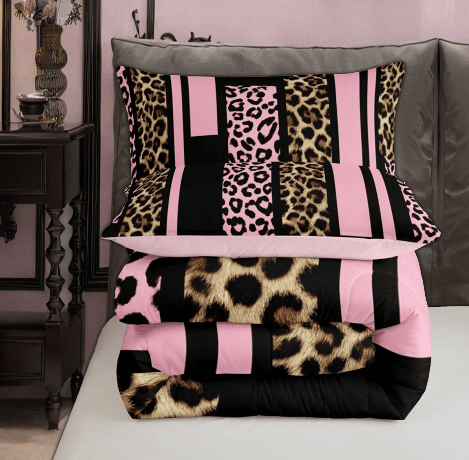 Feelyou Pink Cheetah Print Bedding Comforter Set for Women, Fashion Abstract Ombre Twin Comforter Sets, Leopard Wildlife Reversible Bedding Set, Luxury Bedroom Decor, 2-Piece