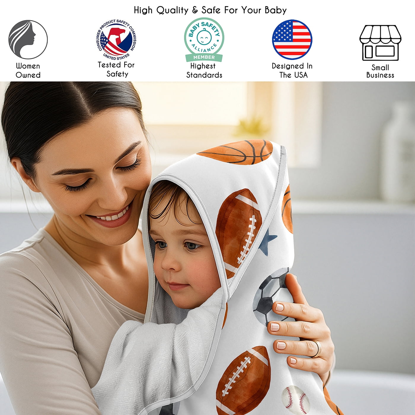 Sweet Jojo Designs Watercolor Sports Theme Boy Hooded Baby Towels - Toddler Bath Towel