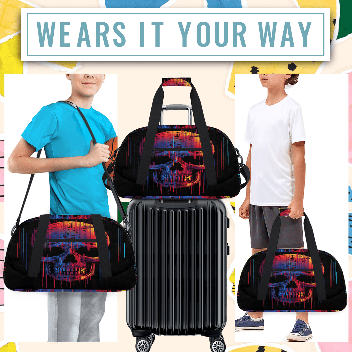 Herdesigns Funny Skull Skeleton Sports Duffle Bag for Women & Men, Gym Bag Dance Bag Overnight Bag Carry On Weekender Travel Bag