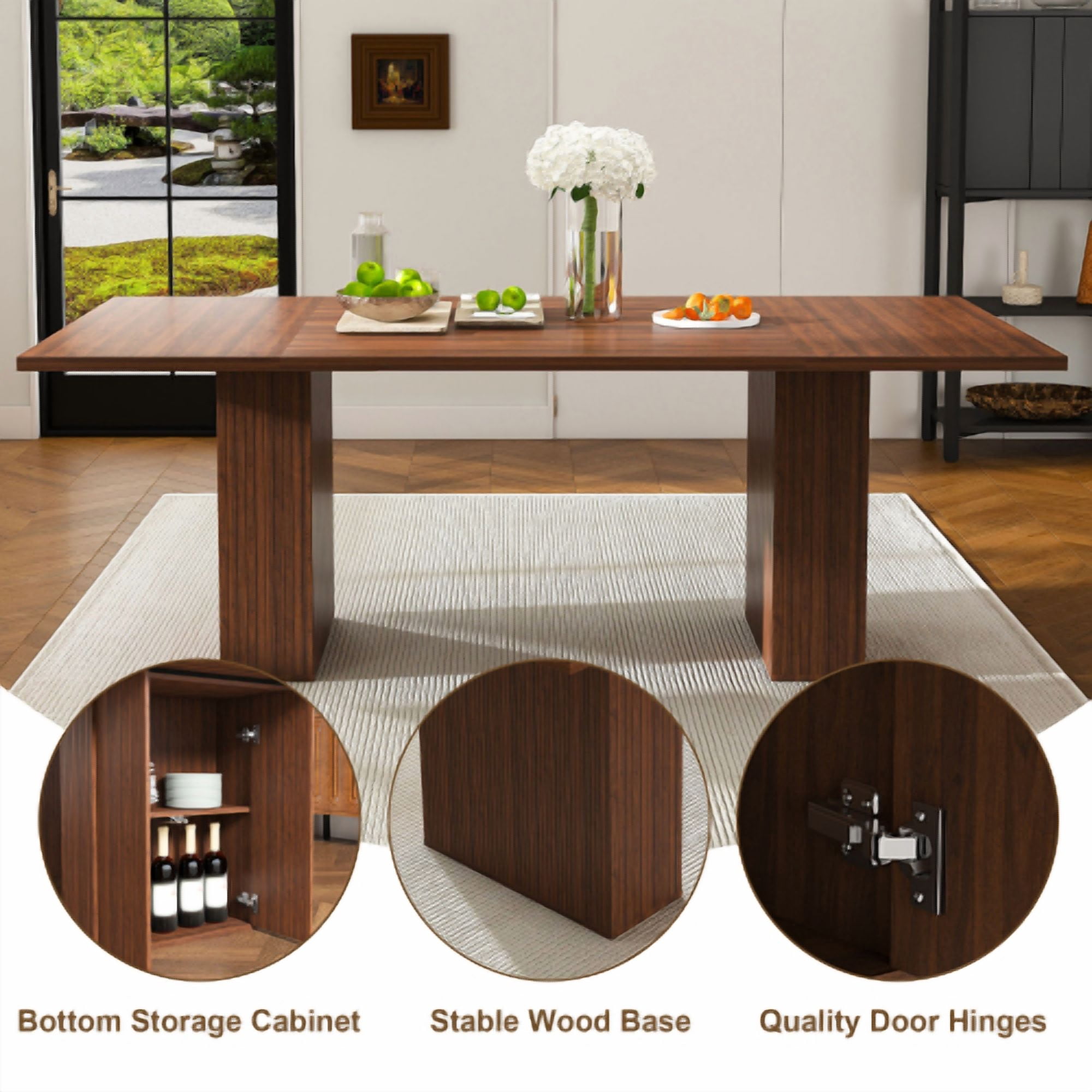 78 Inch Dining Table with Storage Base, Wood Veneer Rectangular MDF Farmhouse Table for 6, Modern Rustic Kitchen Table with Soft-Close Doors for Dining Room, Walnut
