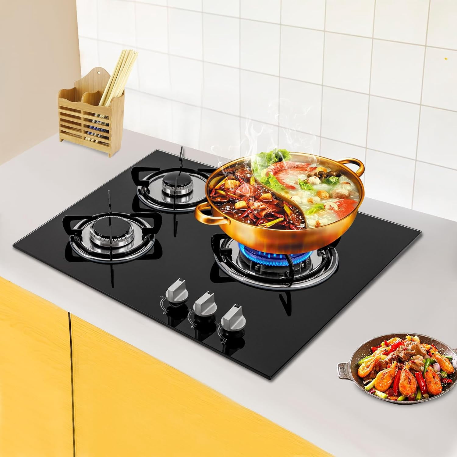 23.2" Built-in Gas Cooktop 3 Burner Stovetop With Thermocouple Protection Portable Countertop Cooker for RV Camper Caravan Outdoor Apartments (Black Tempered Glass)