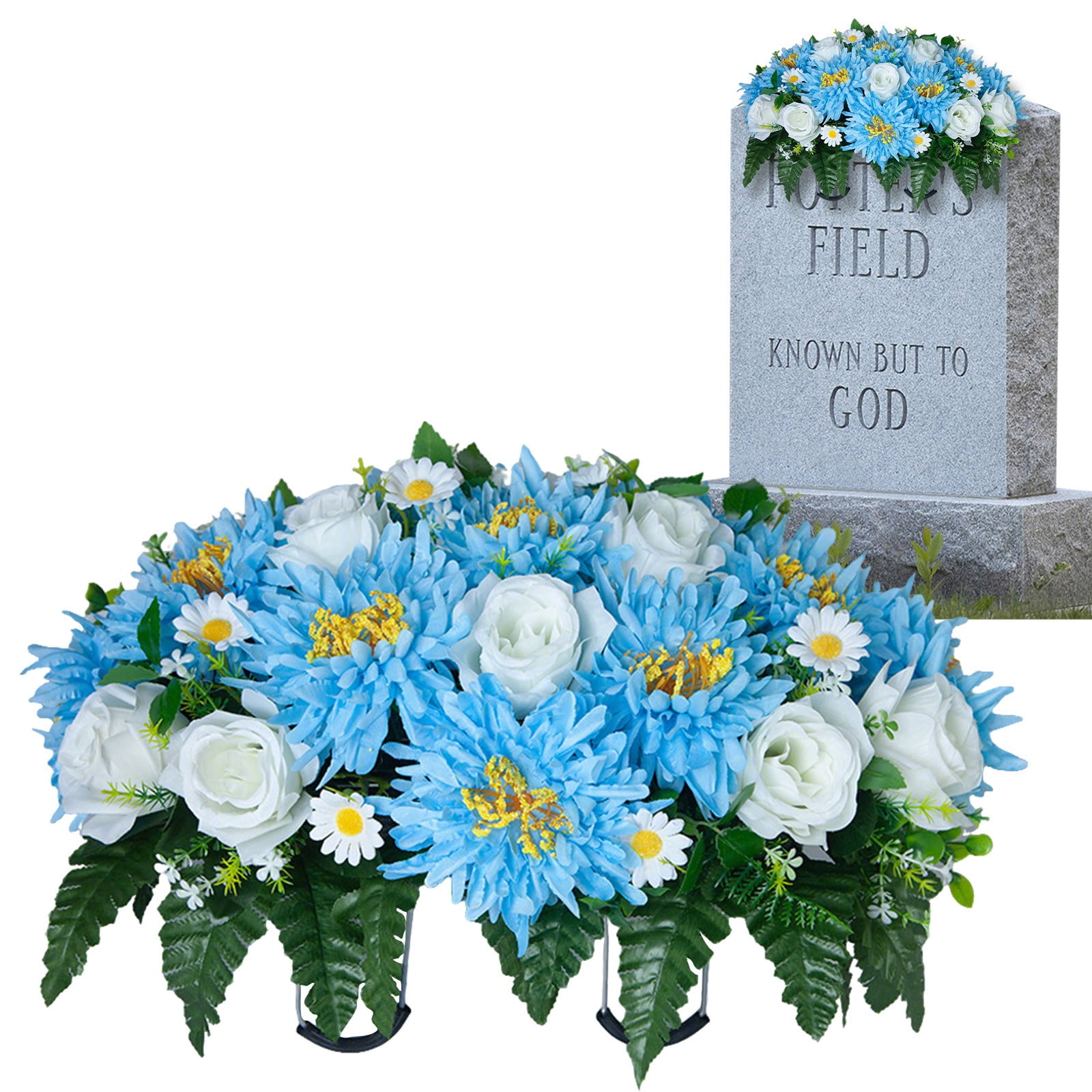 Cemetery Saddle Artificial Flowers, Fake Chrysanthemum Grave Headstone Flowers, Faux Memorial Flowers for Cemetery, Grave Saddle & Memorial Day Decoration