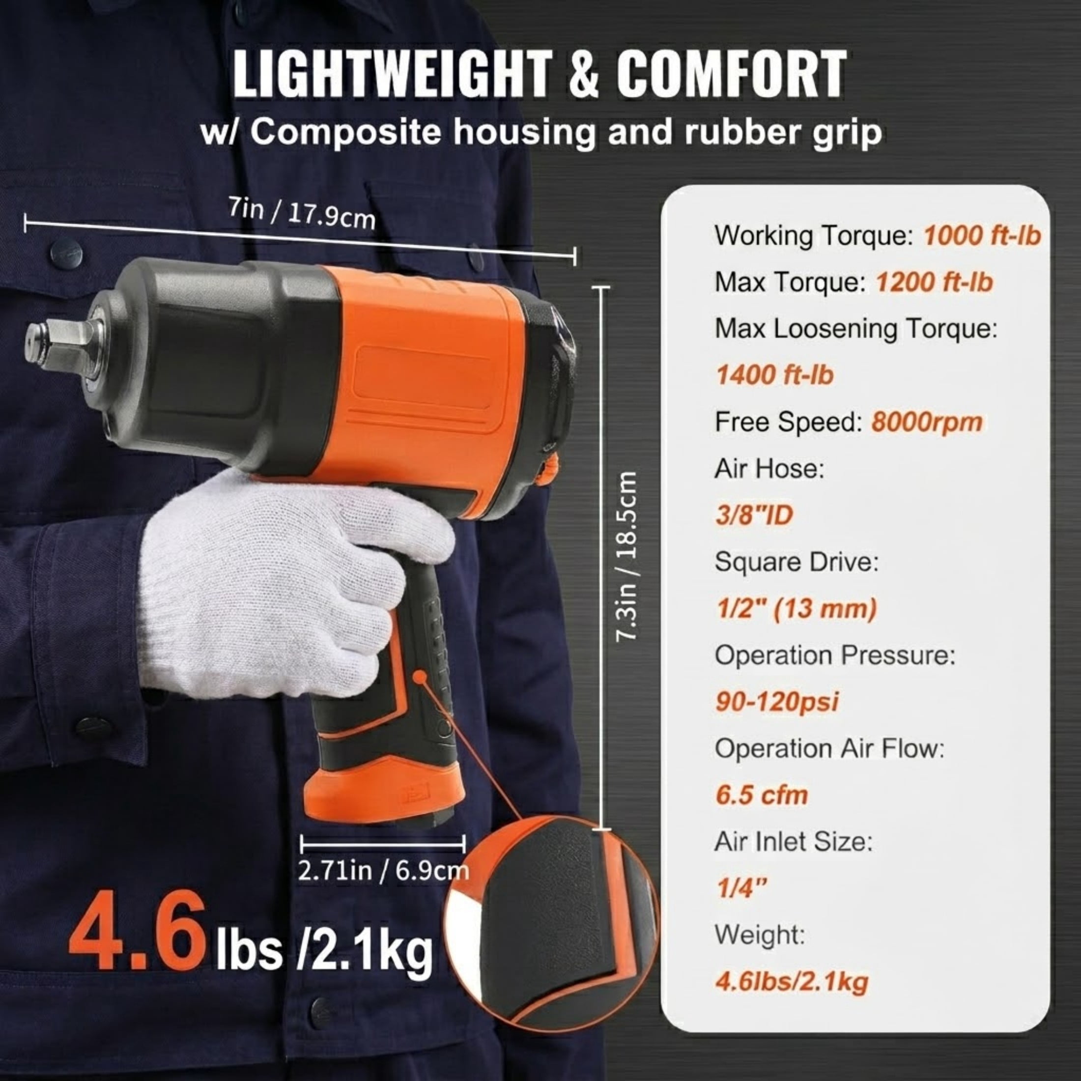1/2-Inch High Torque Air Impact Wrench, 1400 ft-lbs Pneumatic Gun, Lightweight 4.6 lbs Design, with 11-PC CR-V Impact Socket Set & Carrying Case