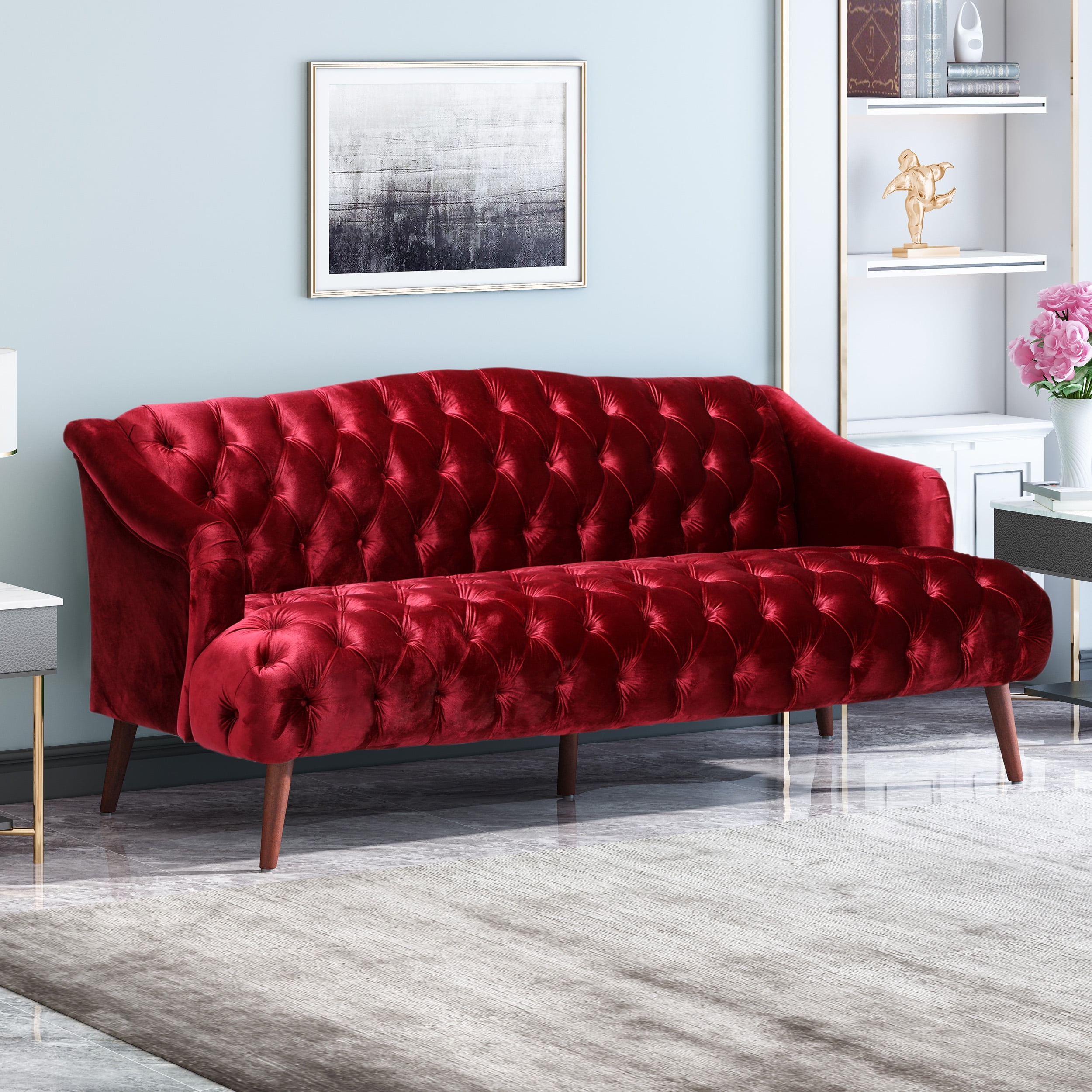 Kayleigh Modern Glam Tufted Velvet 3 Seater Sofa, Wine and Walnut