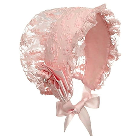 vastwit Baby Girls Bonnet Lace Christening Cap Ruffle Applique Satin Strap Party Princess Beanie Pink One Size