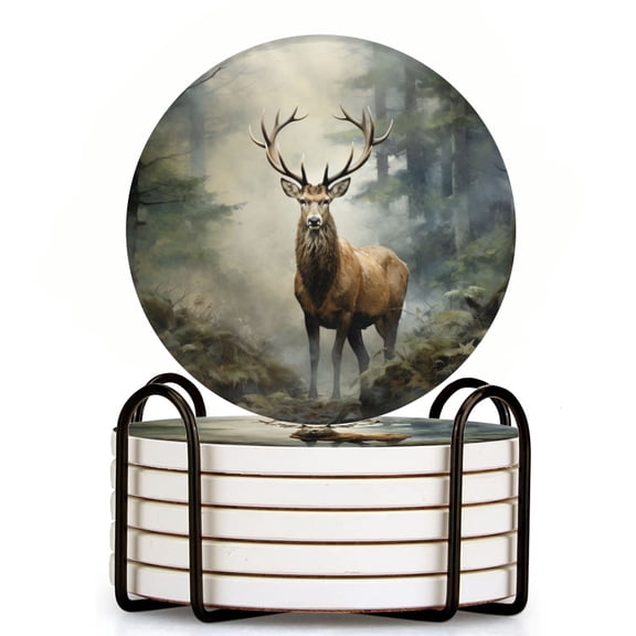 Bahomeck Drink Coasters Set Of 6 With Holder Majestic Deer In Misty Forest Water Absorbent Ceramic Coasters Tabletop Protection,Suitable For Various Cup,Home Decor