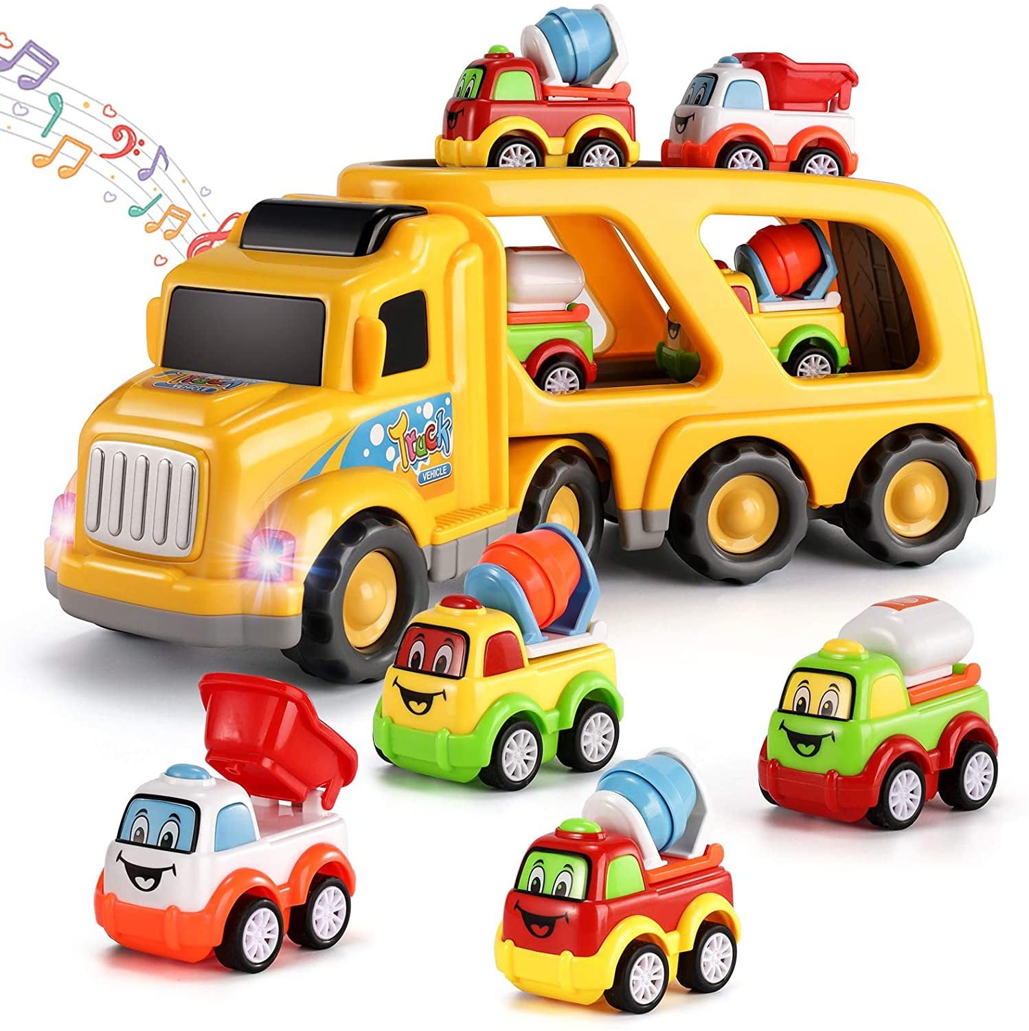 Water Vehicle Contain 1 Large Transport Cargo Truck Cement Mixer 5-in-1 Friction Power Car Toys for 3 4 5 6 Years Old Boys and Girls Loading car Construction Truck Toys Set with Sound and Light