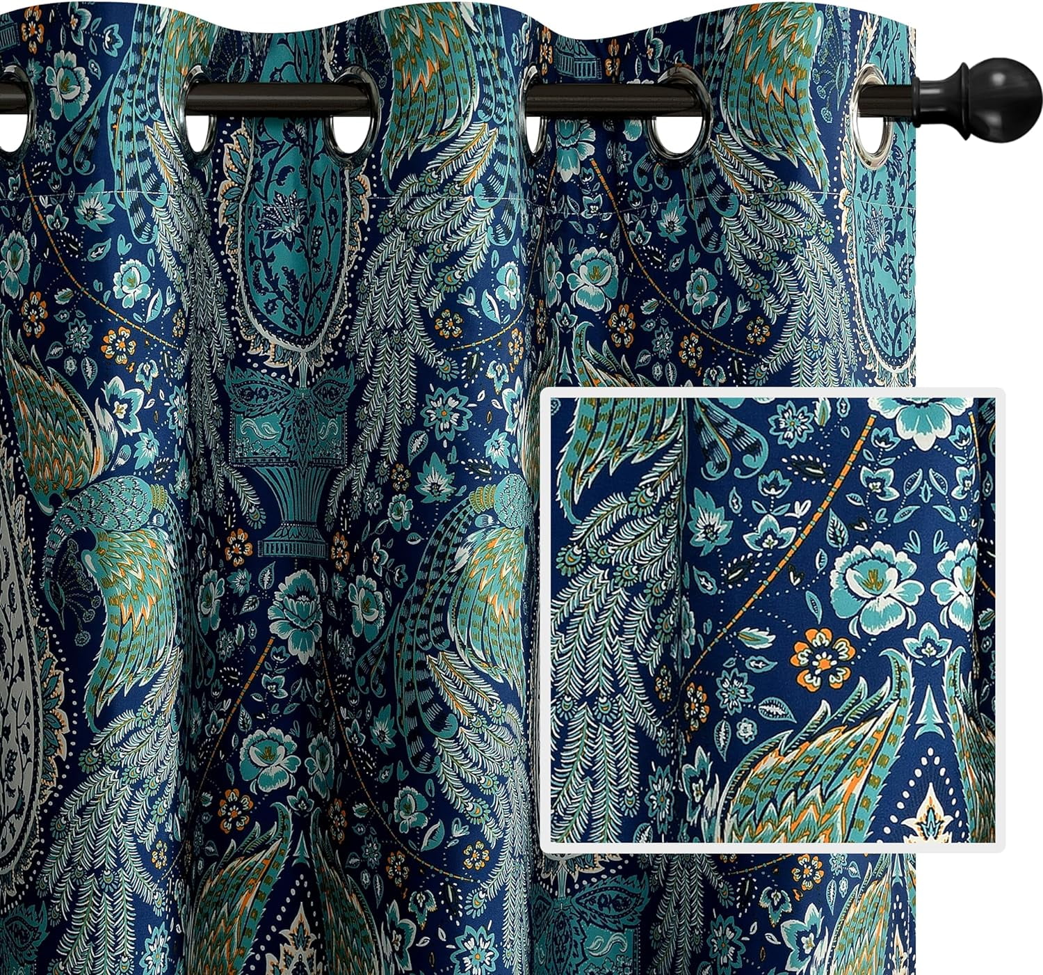 DriftAway Christopher Peacock Floral Pattern Energy Saving Thermal Insulated Blackout Window Curtain Grommet 2 Layers 2 Panels 	84"L x 52"W Teal