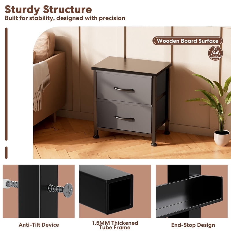 Simple Deluxe Nightstand 2 Drawers Dresser for Bedroom, 3-Tier Bedside Table with Fabric Bins, End Table for Living Room, wood top Load-bearing up to 44 lb, Grey