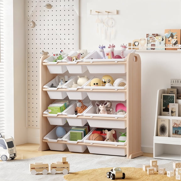 VECELO Kids Toy Storage Organizer with 12 Plastic Storage Bins, Large Capacity Wooden Toy Shelf for Toys, Books and Toddlers Playroom, Oak Color