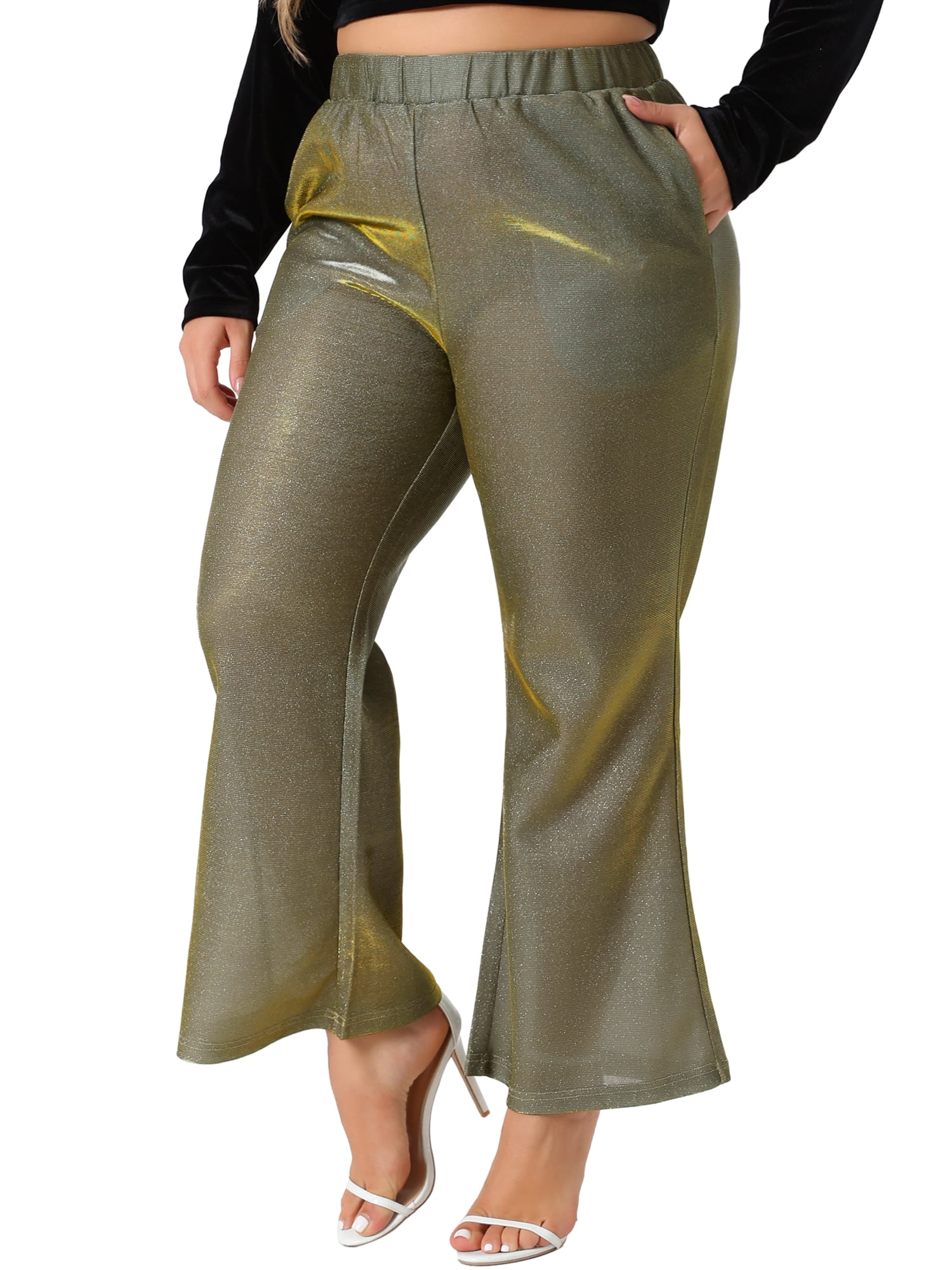 DARING DIVA Women's Plus Metallic Sparkly High Waist Wide Leg Pants 3X Gold