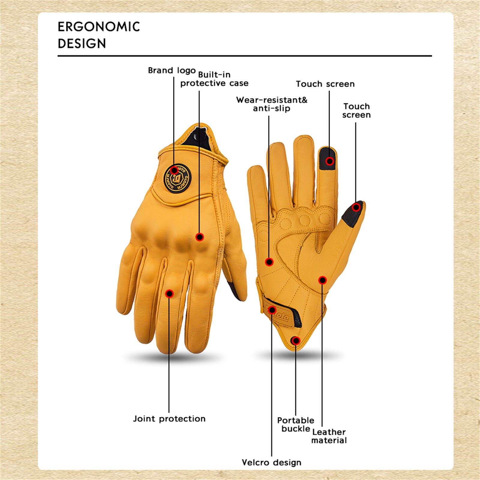 MJMOTO Classic Retro Leather Motorcycle Riding Gloves Summer Wear-Resistant Anti-Slip Men Women Mountain Bike Moto Biker Bicycle Accessories