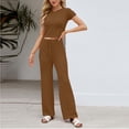 thumbnail image 2 of Enjoytime Travel Outfits for Women Knitting Crewneck Short Sleeve Tops with Pants Two Piece Sets Comfy Matching Loungewear, 2 of 5