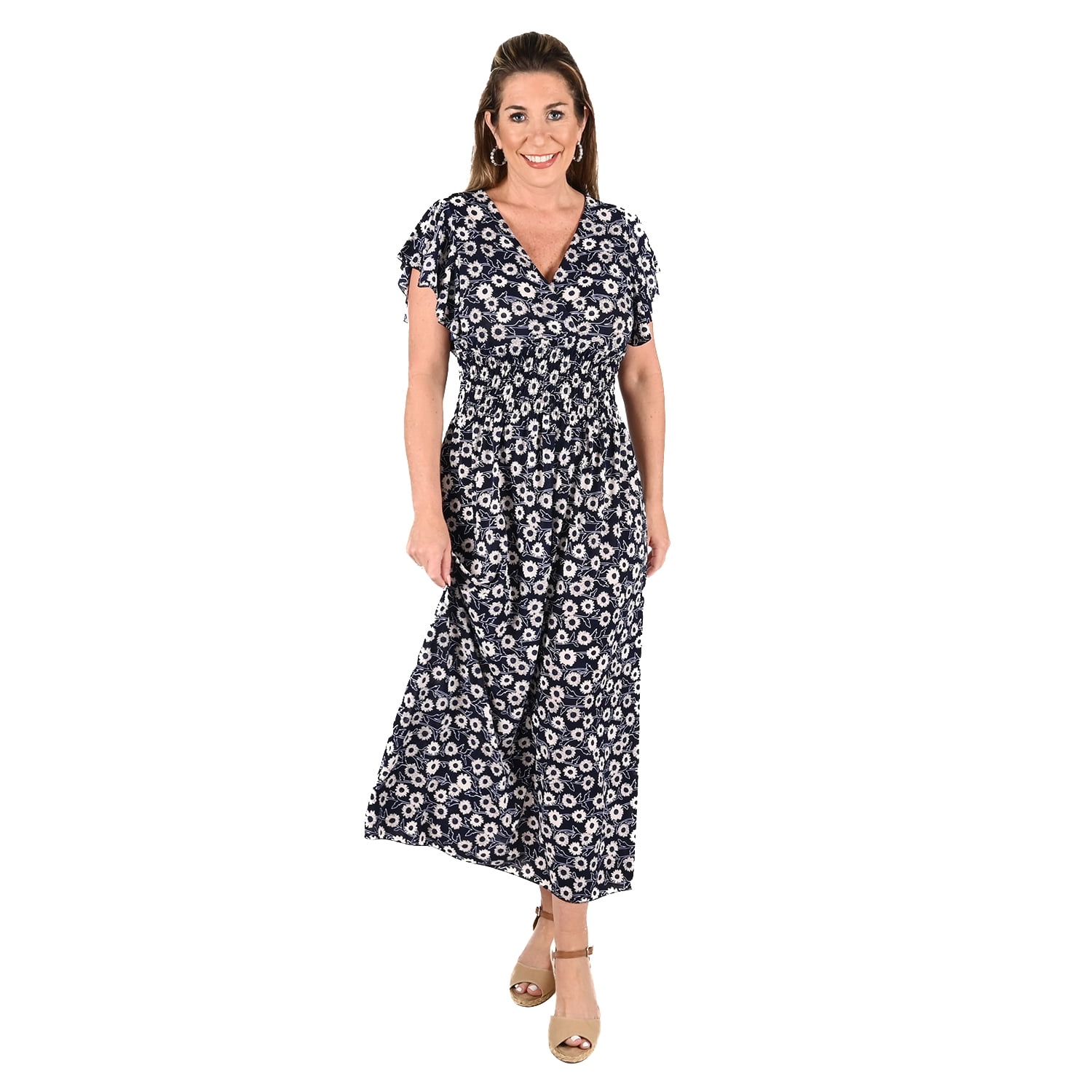 Shop LC TAMSY Navy Daisy Smocked Waist Maxi Dress with Flutter Sleeve ...