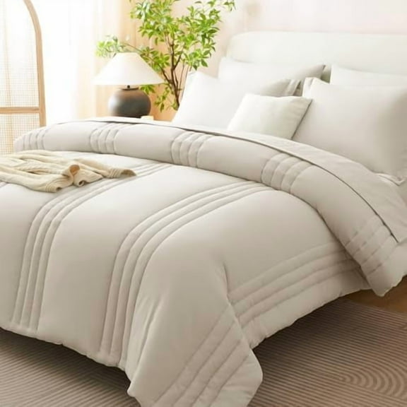 Full Size Comforter Sets - 7 Pieces Bed in a Bag Beige Comforters Full Size Bed Set, Soft Bedding Set with All Seasons Comforter, Sheets, Pillowcases & Shams
