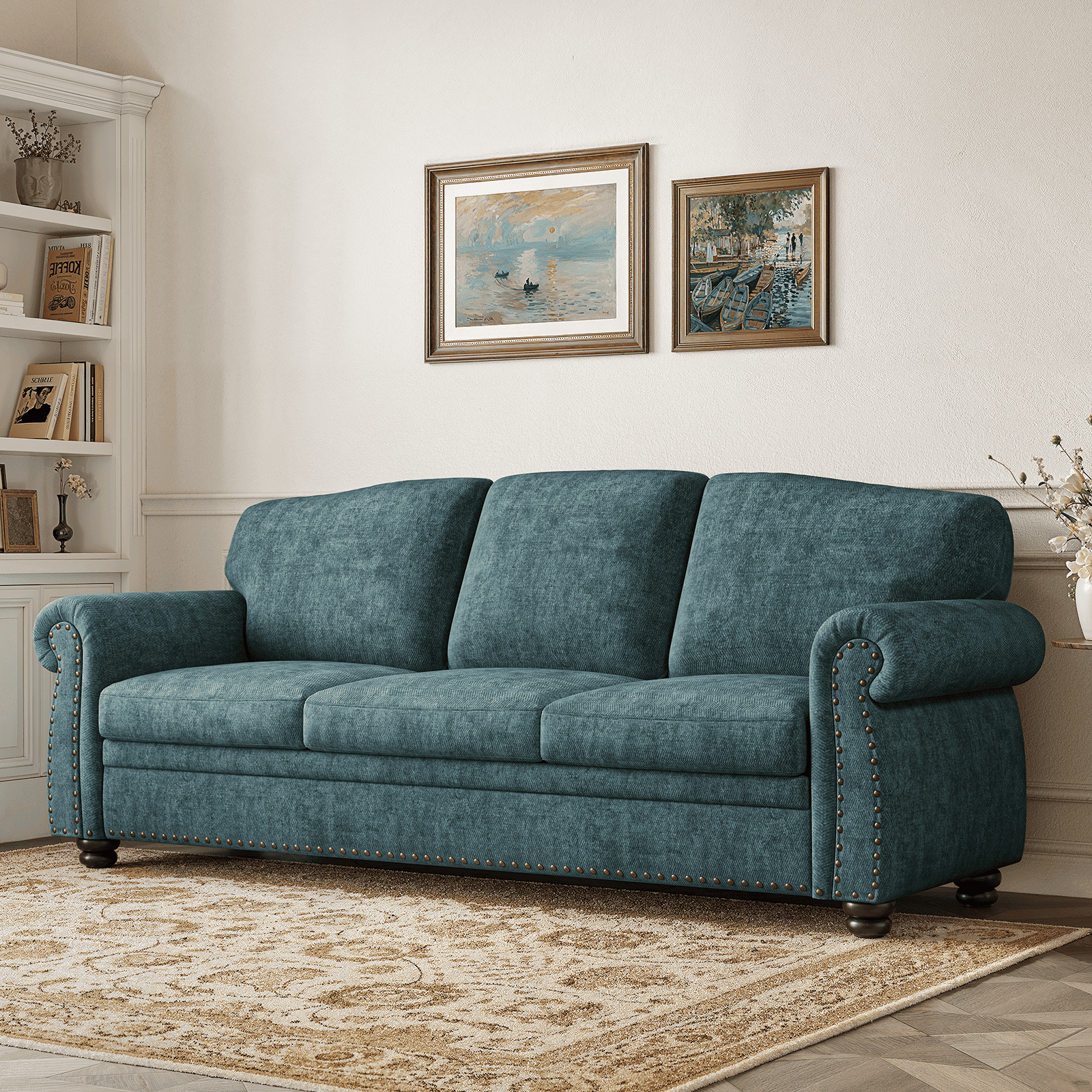 ROGALIS 90" Nailhead Sofa, Rolled Arm Couch with Solid Legs, Chenille Fabric, Teal
