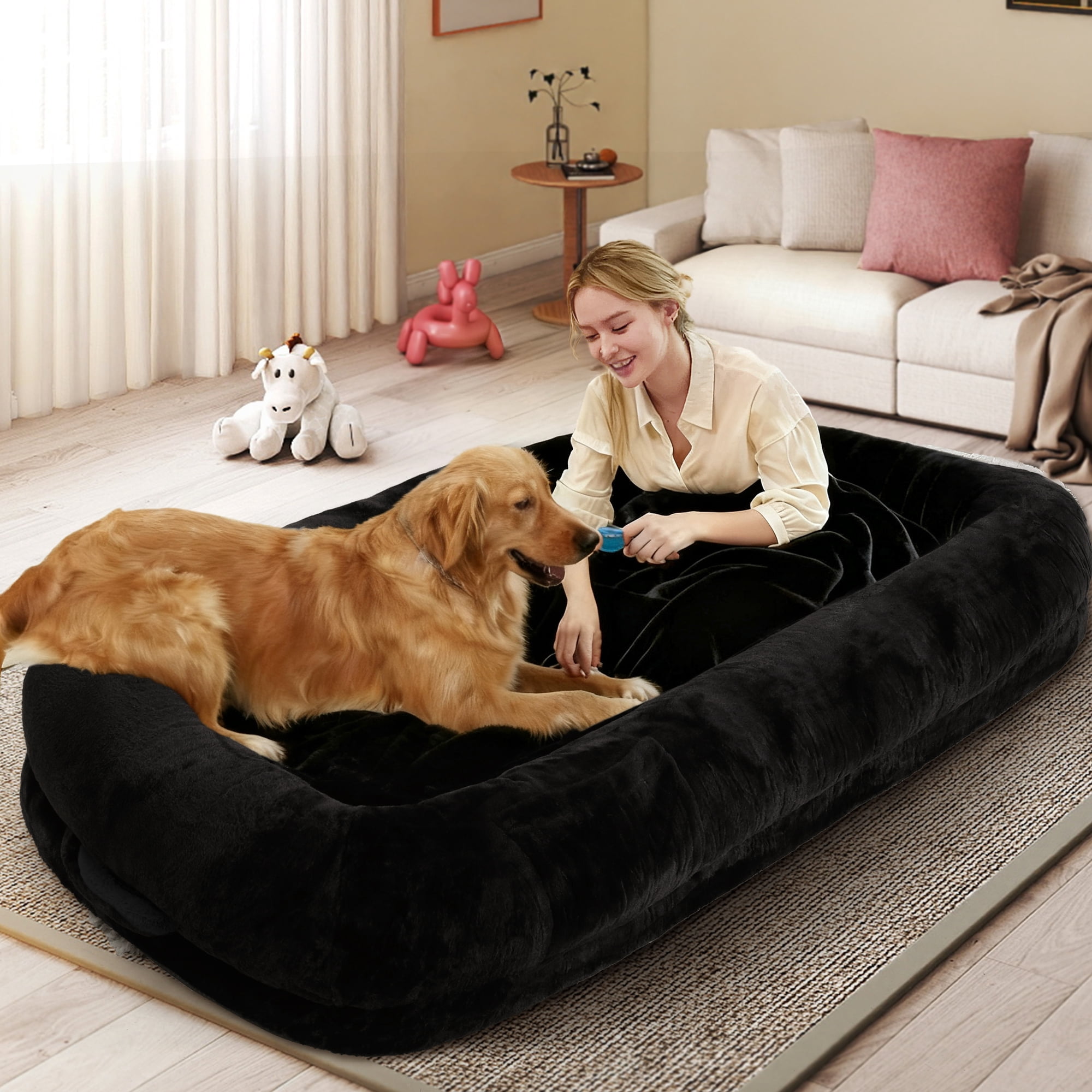 Skandiquip Human Dog Bed for Pets and Adults, 71"x43"x10" Orthopedic Memory Foam Lounger, Washable Faux Fur Cover with Blanket, Non-Slip Elastic Base, Black