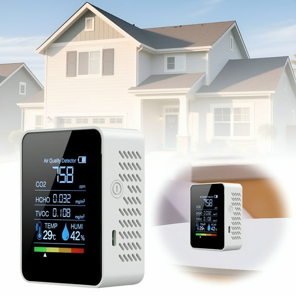 GJX Indoor Air Quality Monitor, 5 in 1 Portable Air Quality Tester for CO2, TVOC, HCHO, Temp | Hum for Home, Cars, and Pets (White)