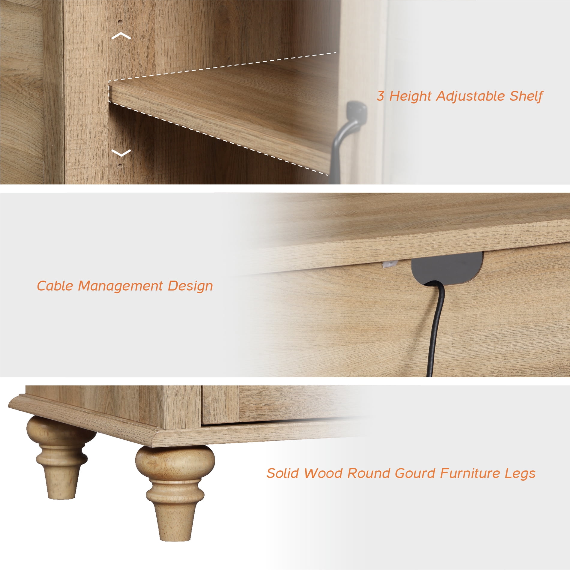Oak Glass Door TV Stand for TVs up to 60", Farmhouse Television Stands for Living Room