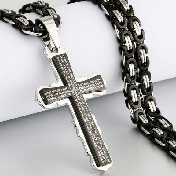 Lordluxury Religious Men 14K White Gold Crucifix Cross Pendant Necklace Heavy Byzantine Chain Necklaces Jesus Christ Holy Jewelry Gifts