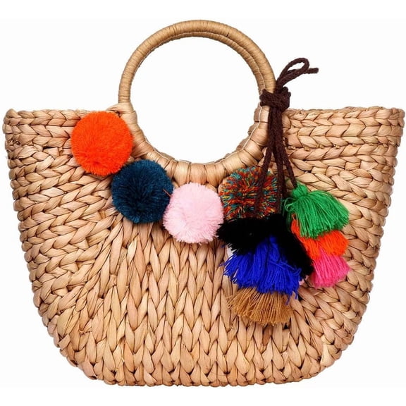 CAILDANL Summer Rattan Bag for Women Straw Hand-woven Top-handle Handbag Beach Sea Straw Rattan Tote Clutch Bags
